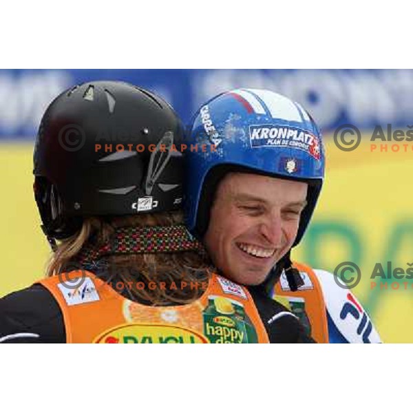 Moelgg hughs Ligety at finish of second run of Audi FIS Alpine Ski World Cup Giant Slalom in Kranjska gora, Slovenia on 8th of March 2008. Photo by Ales Fevzer 