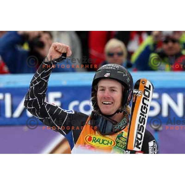 Ted Ligety celebrates victroy at Audi FIS Alpine Ski World Cup Giant Slalom in Kranjska gora, Slovenia on 8th of March 2008. Photo by Ales Fevzer 