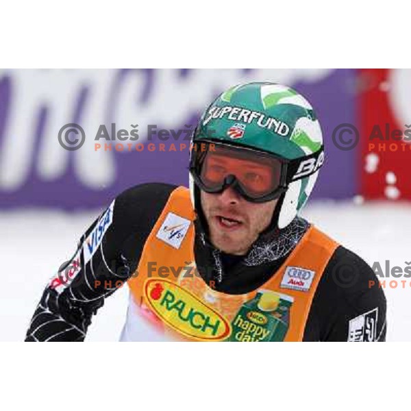 Bode Miller (USA) at finish of second run of Audi FIS Alpine Ski World Cup Giant Slalom in Kranjska gora, Slovenia on 8th of March 2008. Photo by Ales Fevzer 
