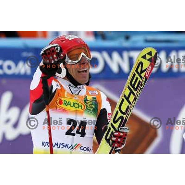 Cyprien Richard (FRA) at finish of second run of Audi FIS Alpine Ski World Cup Giant Slalom in Kranjska gora, Slovenia on 8th of March 2008. Photo by Ales Fevzer 