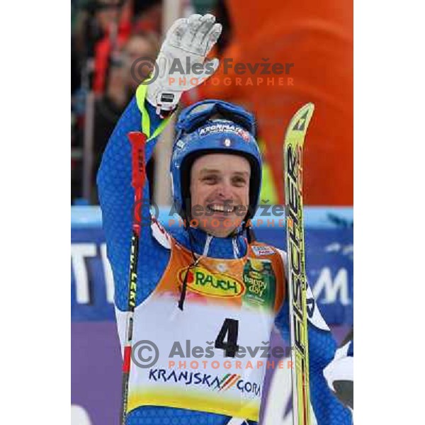 Manfred Moelgg (ITA) at finish of second run of Audi FIS Alpine Ski World Cup Giant Slalom in Kranjska gora, Slovenia on 8th of March 2008. Photo by Ales Fevzer 