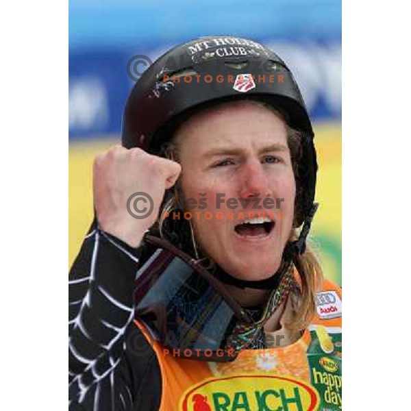 Ted Ligety celebrates victory Audi FIS Alpine Ski World Cup Giant Slalom in Kranjska gora, Slovenia on 8th of March 2008. Photo by Ales Fevzer 