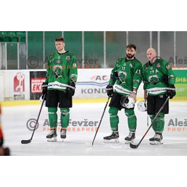 Kristjan Cepon ,Ziga Pesut and Miha Logar of SZ Olimpija in action during Alps League regular season ice-hockey match between SZ Olimpija and Asiago in Tivoli Hall, Ljubljana, Slovenia on December 21, 2019