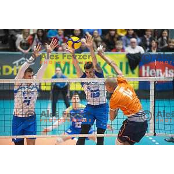 Jan Kozamernik and Klemen Cebulj in action during friendly volleyball match between Slovenia and Netherlands in Dvorana Tabor, Maribor, Slovenia on January 2, 2019