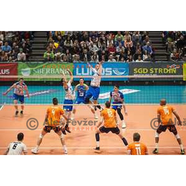 Gregor Ropret and Jan Kozamernik in action during friendly volleyball match between Slovenia and Netherlands in Dvorana Tabor, Maribor, Slovenia on January 2, 2019