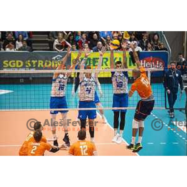 Gregor Ropret, Jan Kozamernik and Klemen Cebulj in action during friendly volleyball match between Slovenia and Netherlands in Dvorana Tabor, Maribor, Slovenia on January 2, 2019