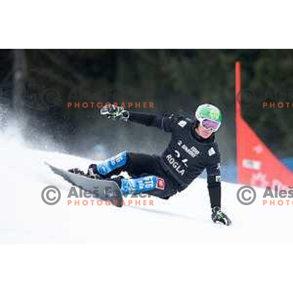 Rok Marguc racing in FIS Snowborad World Cup parallel Giant Slalom at Rogla Ski Resort, Slovenia on January 18, 2020