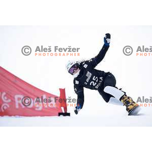 Gloria Kotnik racing in FIS Snowborad World Cup parallel Giant Slalom at Rogla Ski Resort, Slovenia on January 18, 2020