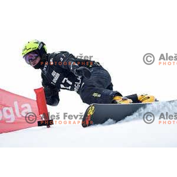 Tim Mastnak racing in FIS Snowborad World Cup parallel Giant Slalom at Rogla Ski Resort, Slovenia on January 18, 2020