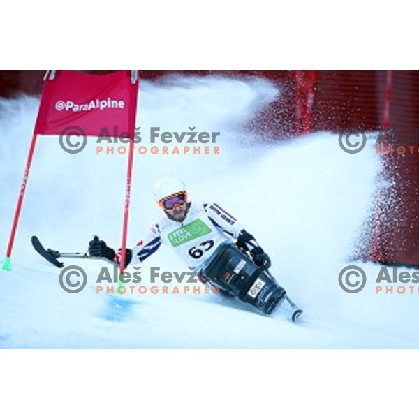 Victor Pierrel skiing in first run of ParaSki World Cup Giant slalom in Kranjska gora, Slovenia on January 22, 2020