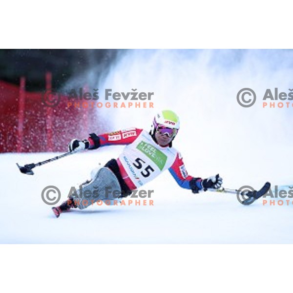 Takeshi Suzuki skiing in first run of ParaSki World Cup Giant slalom in Kranjska gora, Slovenia on January 22, 2020
