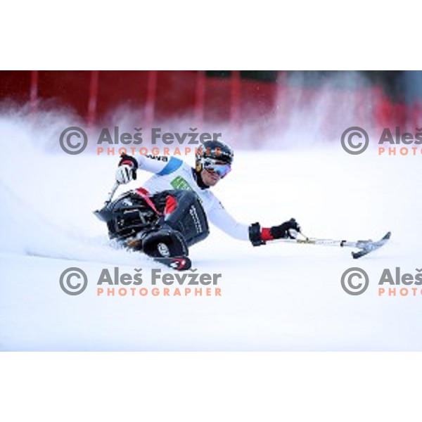 Micha Waefler skiing in first run of ParaSki World Cup Giant slalom in Kranjska gora, Slovenia on January 22, 2020