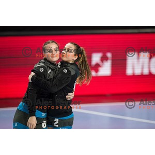 Iza Bon Brzin, Ana Kojic during EHF Women\'s Champions League handball match between Krim Mercator and Brest Bretagne Handball in Kodeljevo Hall, Ljubljana, Slovenia on February 02, 2020