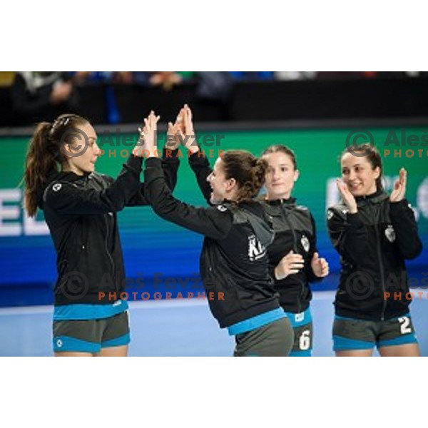 Krim Players during EHF Women\'s Champions League handball match between Krim Mercator and Brest Bretagne Handball in Kodeljevo Hall, Ljubljana, Slovenia on February 02, 2020