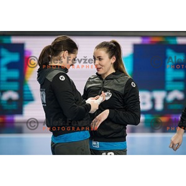 Natasa Ljepoja, Nina Zulic during EHF Women\'s Champions League handball match between Krim Mercator and Brest Bretagne Handball in Kodeljevo Hall, Ljubljana, Slovenia on February 02, 2020