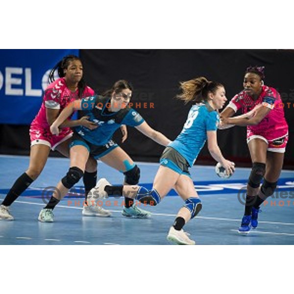 Natasa Ljepoja, Nina Zulic during EHF Women\'s Champions League handball match between Krim Mercator and Brest Bretagne Handball in Kodeljevo Hall, Ljubljana, Slovenia on February 02, 2020