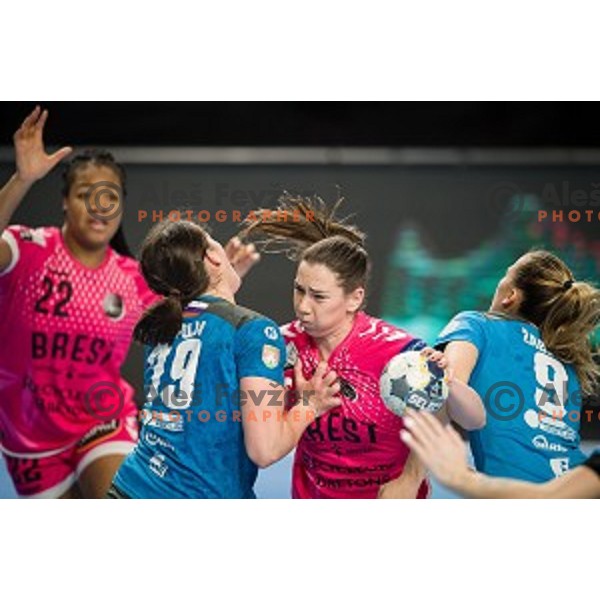 Natasa Ljepoja, Nina Zabjek during EHF Women\'s Champions League handball match between Krim Mercator and Brest Bretagne Handball in Kodeljevo Hall, Ljubljana, Slovenia on February 02, 2020