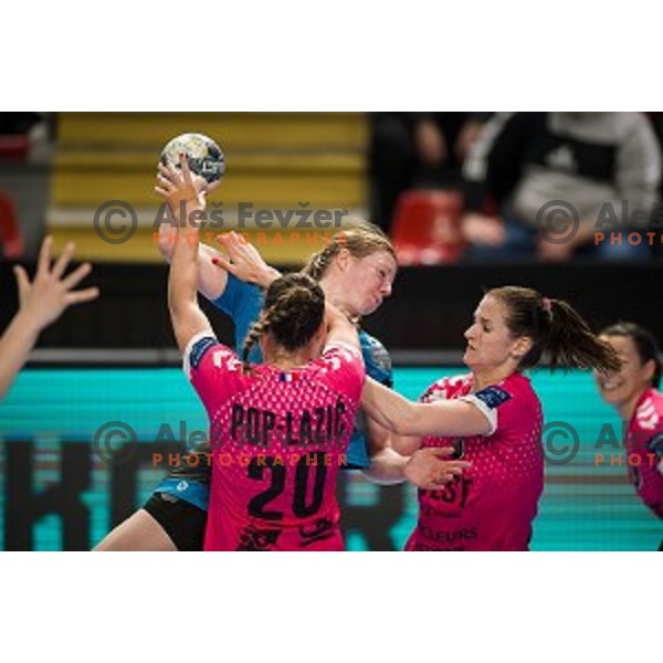 Harma van Kreij, Ana Gros during EHF Women\'s Champions League handball match between Krim Mercator and Brest Bretagne Handball in Kodeljevo Hall, Ljubljana, Slovenia on February 02, 2020