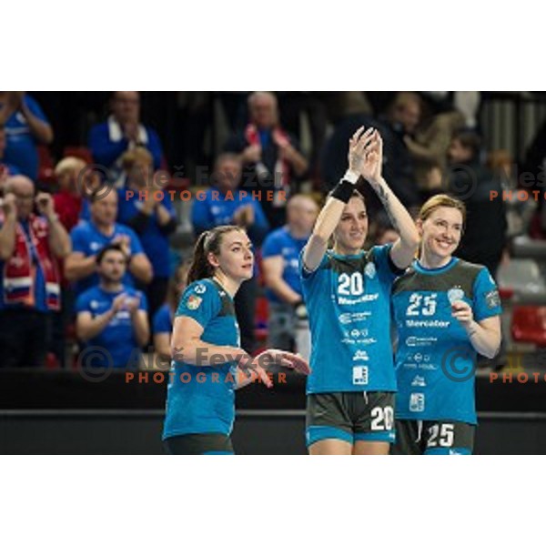 Nina Zulic, Alja Varagic, Yuliia Snopova during EHF Women\'s Champions League handball match between Krim Mercator and Brest Bretagne Handball in Kodeljevo Hall, Ljubljana, Slovenia on February 02, 2020