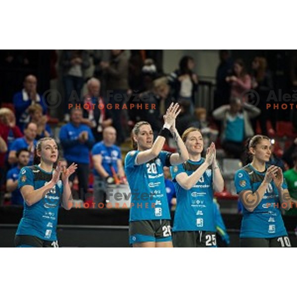 Nina Zulic, Alja Varagic, Yuliia Snopova, Marianna Rebicova during EHF Women\'s Champions League handball match between Krim Mercator and Brest Bretagne Handball in Kodeljevo Hall, Ljubljana, Slovenia on February 02, 2020