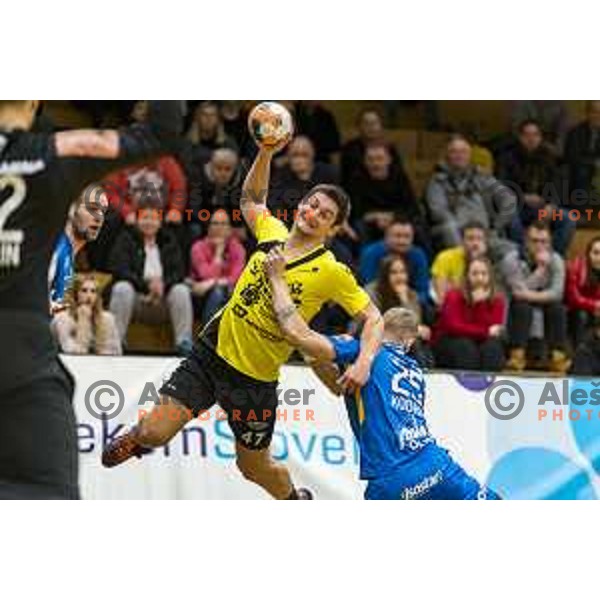 Aleks Kavcic in action during 1.NLB leasing league handball match between Gorenje and Celje Pivovarna Lasko in Velenje, Slovenia on February 5, 2020