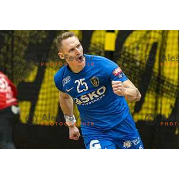 Tilen Kodrin in action during 1.NLB leasing league handball match between Gorenje and Celje Pivovarna Lasko in Velenje, Slovenia on February 5, 2020