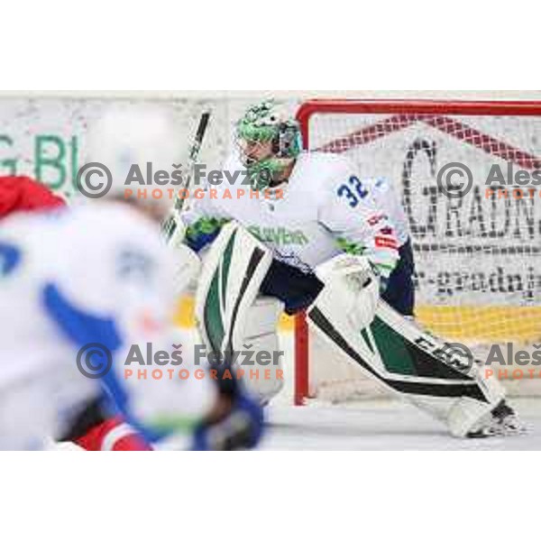 in action during ice-hockey match between Slovenia and Lithuania at Olympic Ice-Hockey Pre-Qualification tournament in Jesenice, Slovenia on February 6, 2020