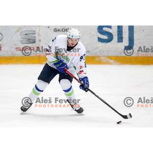 in action during ice-hockey match between Slovenia and Lithuania at Olympic Ice-Hockey Pre-Qualification tournament in Jesenice, Slovenia on February 6, 2020