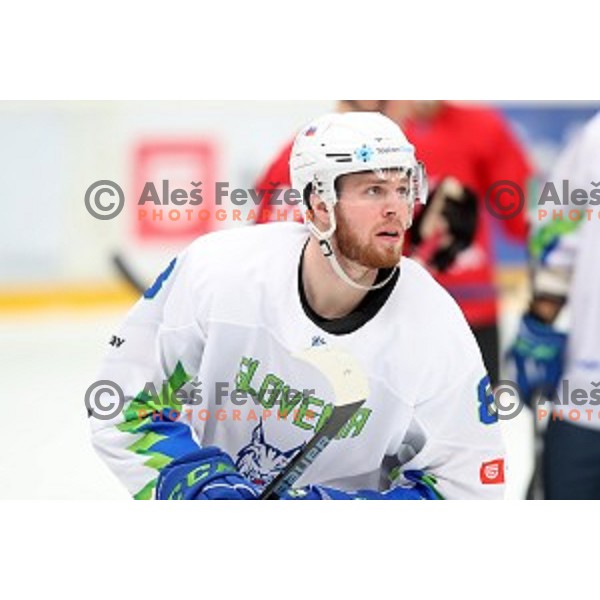 in action during ice-hockey match between Slovenia and Lithuania at Olympic Ice-Hockey Pre-Qualification tournament in Jesenice, Slovenia on February 6, 2020