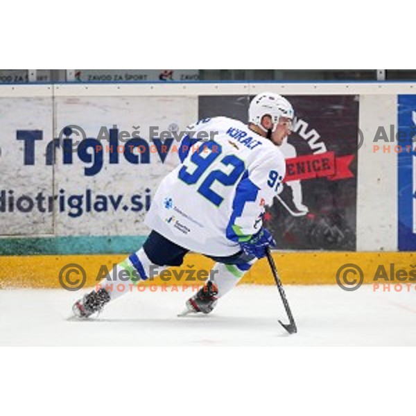 in action during ice-hockey match between Slovenia and Lithuania at Olympic Ice-Hockey Pre-Qualification tournament in Jesenice, Slovenia on February 6, 2020