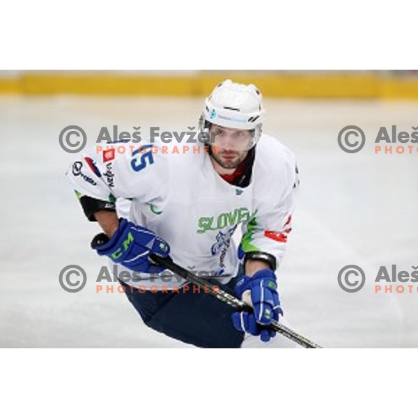 in action during ice-hockey match between Slovenia and Lithuania at Olympic Ice-Hockey Pre-Qualification tournament in Jesenice, Slovenia on February 6, 2020