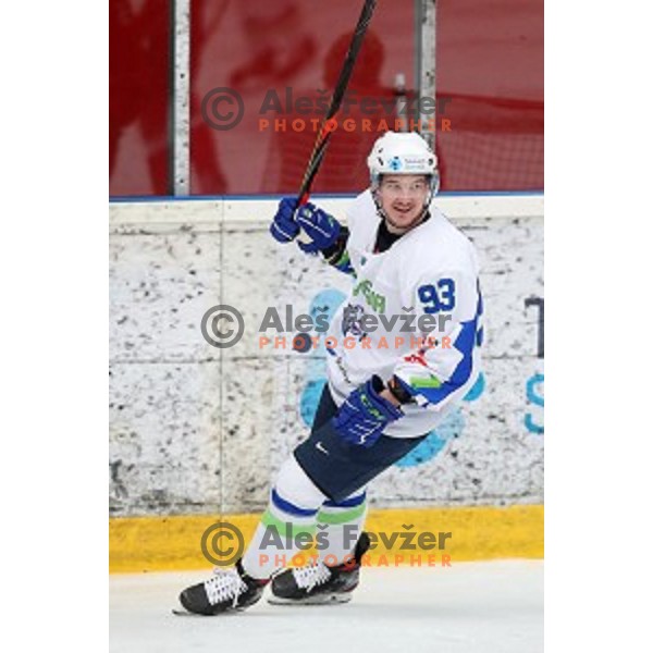 in action during ice-hockey match between Slovenia and Lithuania at Olympic Ice-Hockey Pre-Qualification tournament in Jesenice, Slovenia on February 6, 2020
