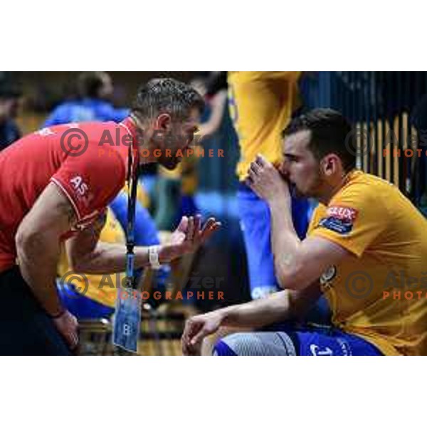 Tomaz Ocvirk and Josip Sarac in action during Velux EHF Champions League handball match between Celje Pivovarna Lasko and Paris Saint-Germain in Zlatorog Hall, Celje, Slovenia on February 9, 2020