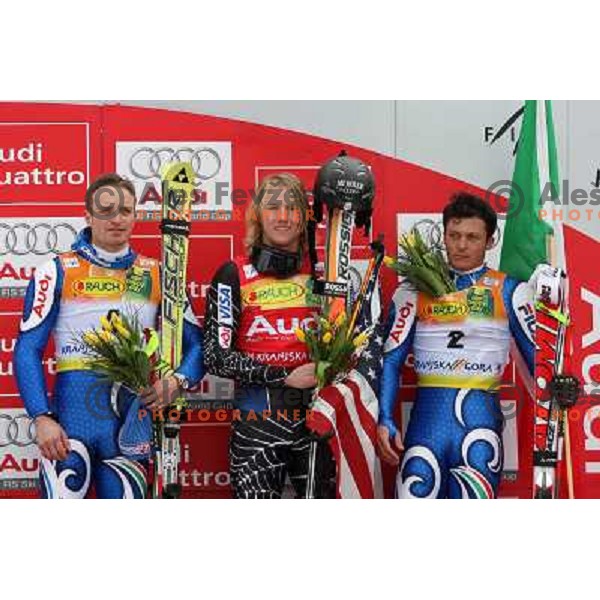 Moelgg, Ligety and Blardone (left to right) listening USA national anthemn at prize giving ceremony of Audi FIS Alpine Ski World Cup Giant Slalom in Kranjska gora, Slovenia on 8th of March 2008. Photo by Ales Fevzer 