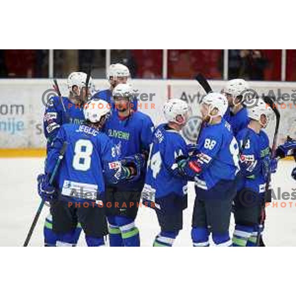 Ziga Jeglic, Blaz Gregorc, Miha Logar and Miha Zajc celebrate at ice-hockey match between Slovenia and Japan at Olympic Ice-Hockey Pre-Qualification tournament in Jesenice, Slovenia on February 9, 2020