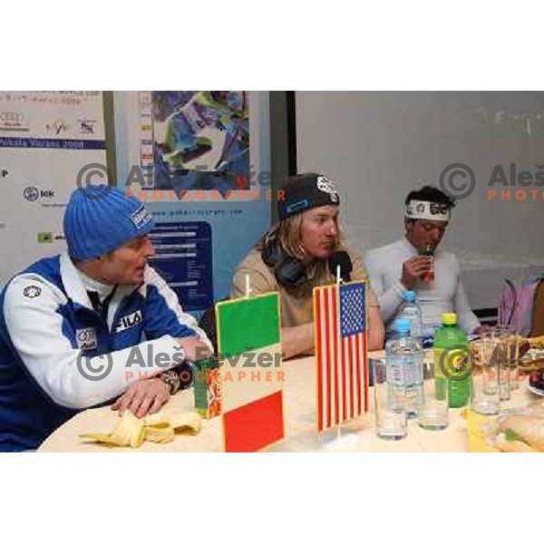 Second placed Manfred Moelgg (ITA), winner Ted Ligety (USA) and third placed Massimiliano Blardone (ITA) at press conference after Audi FIS Alpine Ski World Cup Giant Slalom,Kranjska gora, Slovenia on 8th of March 2008. Photo by Ales Fevzer 