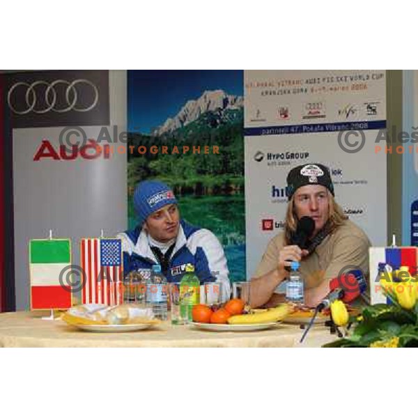 Second placed Manfred Moelgg (ITA) and winner Ted Ligety (USA) at press conference after Audi FIS Alpine Ski World Cup Giant Slalom,Kranjska gora, Slovenia on 8th of March 2008. Photo by Ales Fevzer 