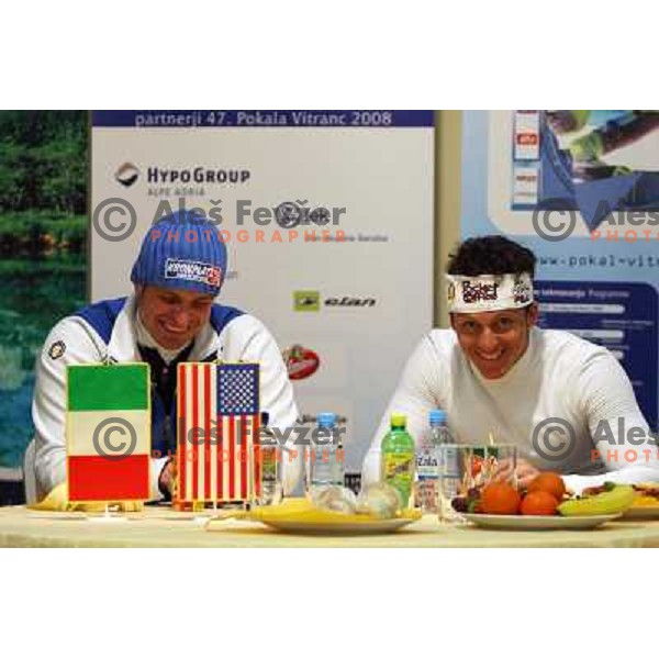 Second placed Manfred Moelgg (ITA, left) and third placed Massimiliano Blardone (ITA) at press conference after Audi FIS Alpine Ski World Cup Giant Slalom,Kranjska gora, Slovenia on 8th of March 2008. Photo by Ales Fevzer 