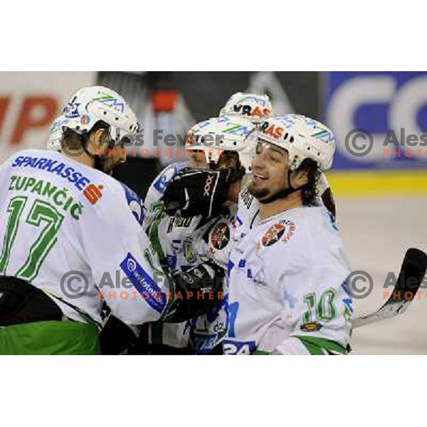 Zupancic, Vnuk and Yarema celebrate second goal at sixth ice-hockey game of semi-final of EBEL league between ZM Olimpija- Black Wings Linz in Hala Tivoli, Ljubljana 9.3.2008. ZM Olimpija won the game 2:0 and series 4:2 and advanced to final. Photo by Ale