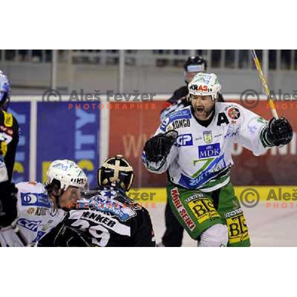 Nik Zupancic celebrates goal at sixth ice-hockey game of semi-final of EBEL league between ZM Olimpija- Black Wings Linz in Hala Tivoli, Ljubljana 9.3.2008. ZM Olimpija won the game 2:0 and series 4:2 and advanced to final. Photo by Ales Fevzer 