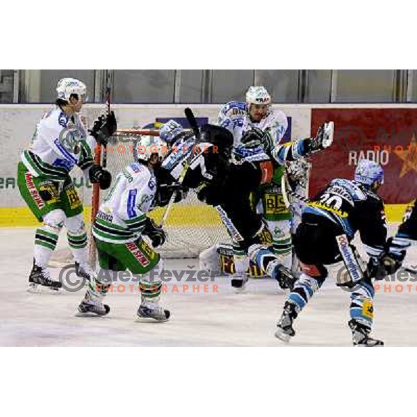 Pavlin, Intranuovo and McCarthy at sixth ice-hockey game of semi-final of EBEL league between ZM Olimpija- Black Wings Linz in Hala Tivoli, Ljubljana 9.3.2008. ZM Olimpija won the game 2:0 and series 4:2 and advanced to final. Photo by Ales Fevzer 