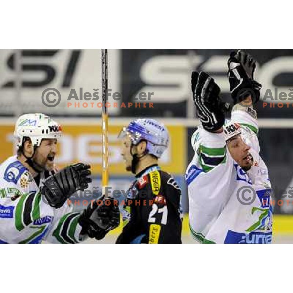 Zupancic (left) and Yarema celebrate second gol at sixth ice-hockey game of semi-final of EBEL league between ZM Olimpija- Black Wings Linz in Hala Tivoli, Ljubljana 9.3.2008. ZM Olimpija won the game 2:0 and series 4:2 and advanced to final. Photo by Ale