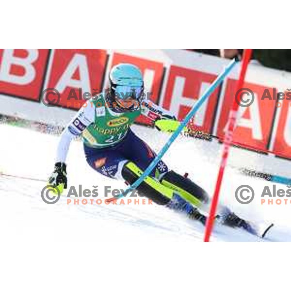 Meta Hrovat (SLO) skiing in the first run of AUDI FIS Alpine Ski World Cup Slalom for 56. Golden Fox Trophy in Kranjska gora, Slovenia on February 16, 2020