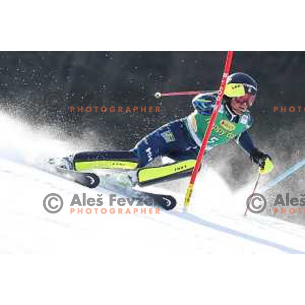 Anna Swenn Larsson (SWE) skiing in the first run of AUDI FIS Alpine Ski World Cup Slalom for 56. Golden Fox Trophy in Kranjska gora, Slovenia on February 16, 2020