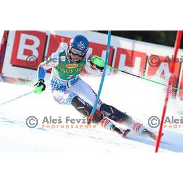 Petra Vlhova skiing in the first run of AUDI FIS Alpine Ski World Cup Slalom for 56. Golden Fox Trophy in Kranjska gora, Slovenia on February 16, 2020