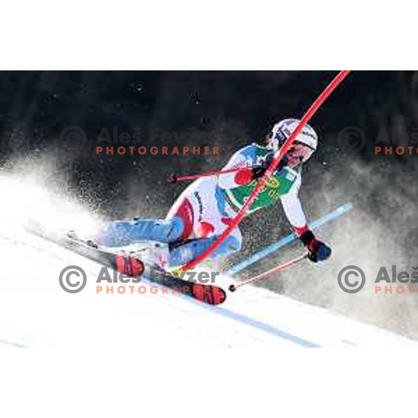 Michelle Gisin skiing in the first run of AUDI FIS Alpine Ski World Cup Slalom for 56. Golden Fox Trophy in Kranjska gora, Slovenia on February 16, 2020