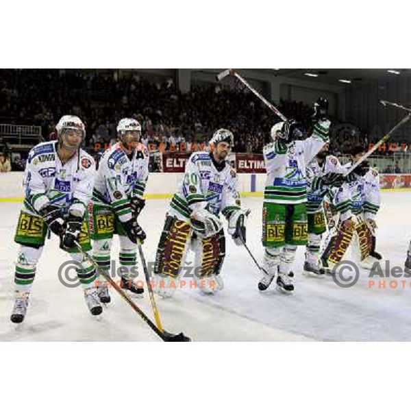 Muric, Zupancic and Westlund celebrate victory at sixth ice-hockey game of semi-final of EBEL league between ZM Olimpija- Black Wings Linz in Hala Tivoli, Ljubljana 9.3.2008. ZM Olimpija won the game 2:0 and series 4:2 and advanced to final. Photo by Ales