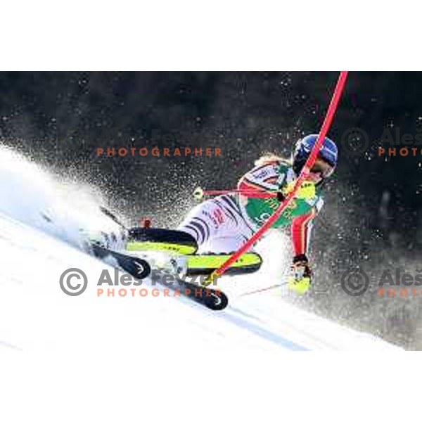 Lena Duerr skiing in the first run of AUDI FIS Alpine Ski World Cup Slalom for 56. Golden Fox Trophy in Kranjska gora, Slovenia on February 16, 2020