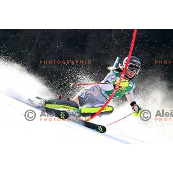 Mina Holtmann skiing in the first run of AUDI FIS Alpine Ski World Cup Slalom for 56. Golden Fox Trophy in Kranjska gora, Slovenia on February 16, 2020