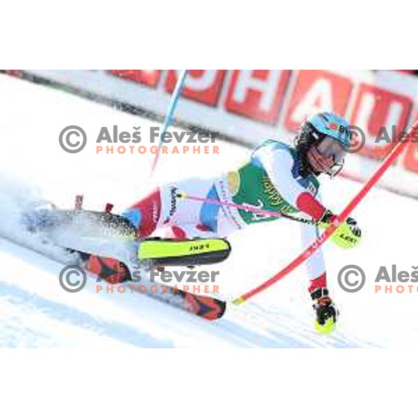 Elena Stoffel skiing in the first run of AUDI FIS Alpine Ski World Cup Slalom for 56. Golden Fox Trophy in Kranjska gora, Slovenia on February 16, 2020